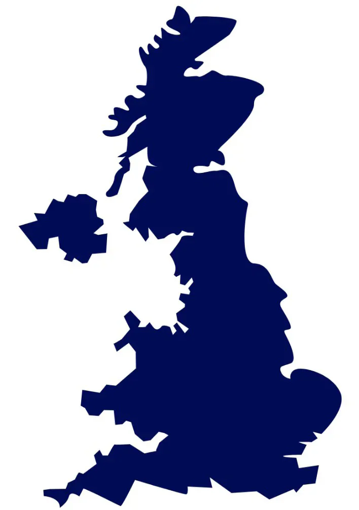 Blue silhouette map of the United Kingdom.