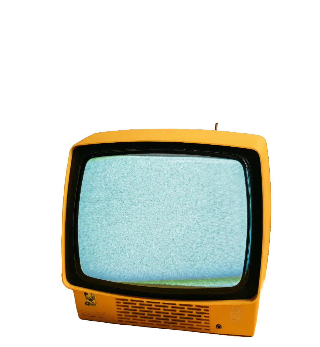 Yellow vintage television displaying static.