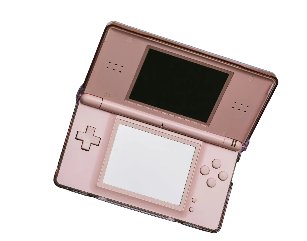 A pink handheld games console
