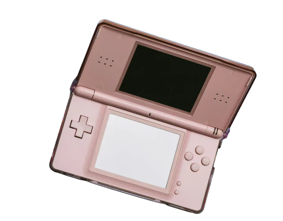 A pink handheld games console