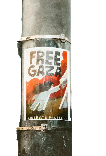 A Free Gaza and Liberate Palestine poster attached to a pole