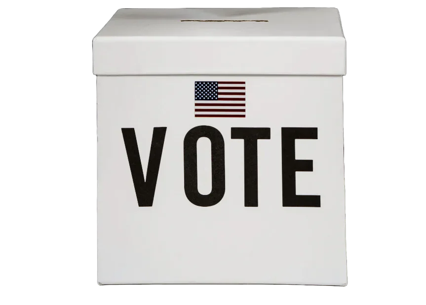 A ballot box marked Vote with an American flag