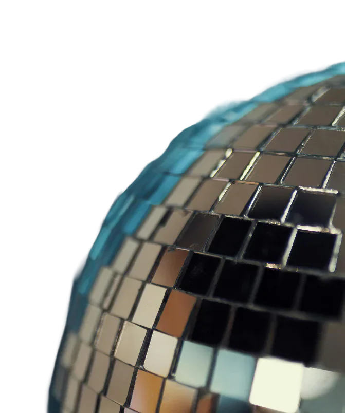 Close-up of a mirrored disco ball