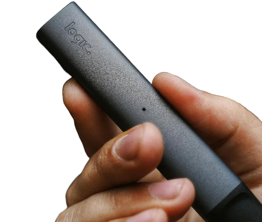 A hand holding a vape device.