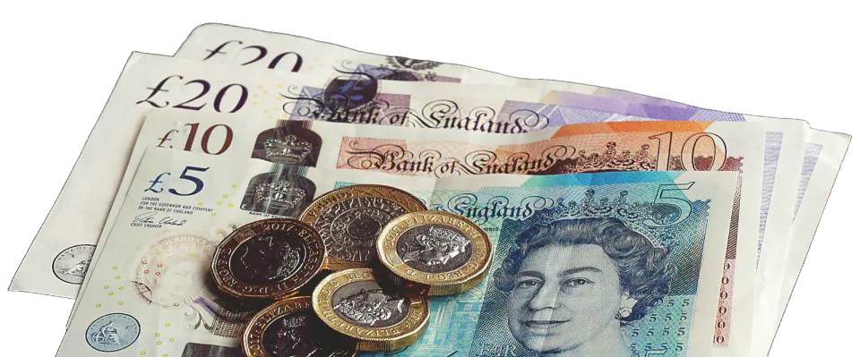 British pound banknotes and coins