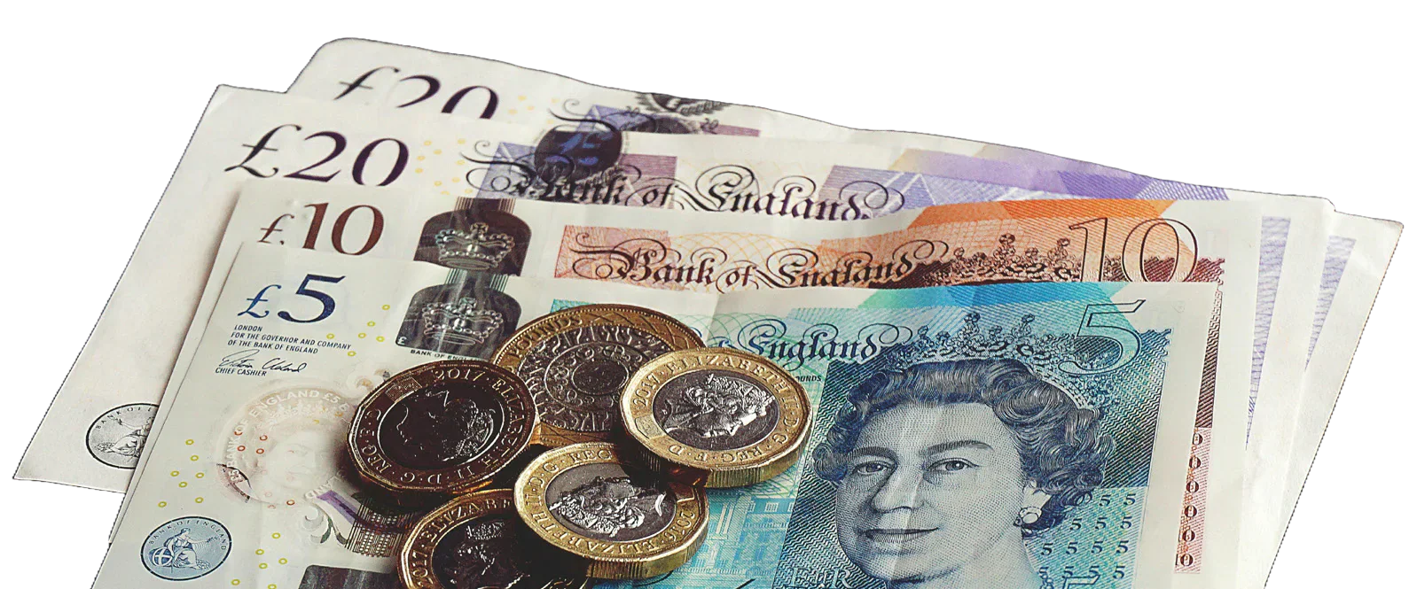 British pound banknotes and coins