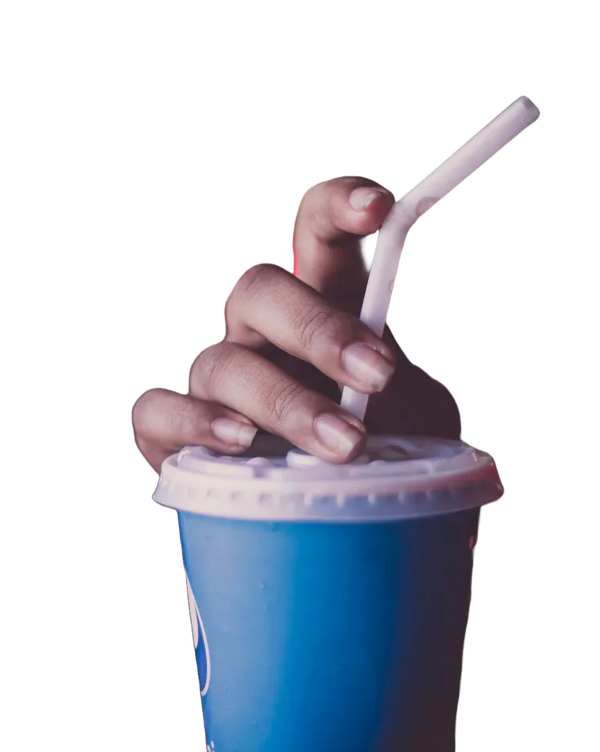 A hand holding a straw in a blue drinks cup