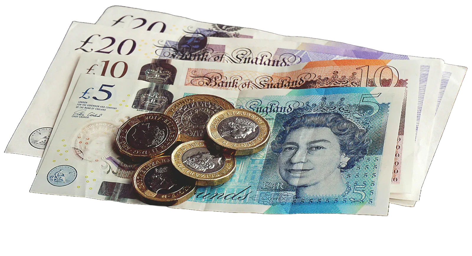 British pound banknotes and coins