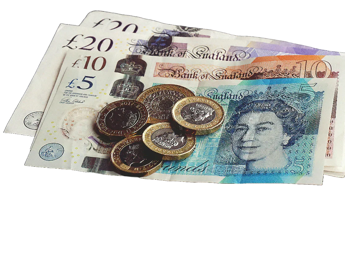 British pound banknotes and coins