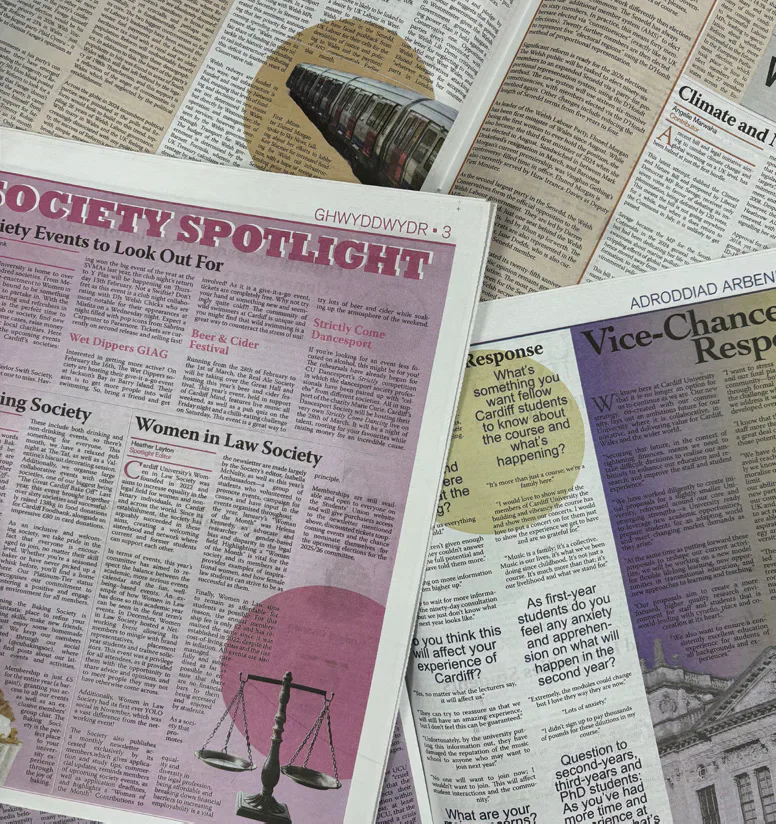 A selection of printed Gair Rhydd pages.