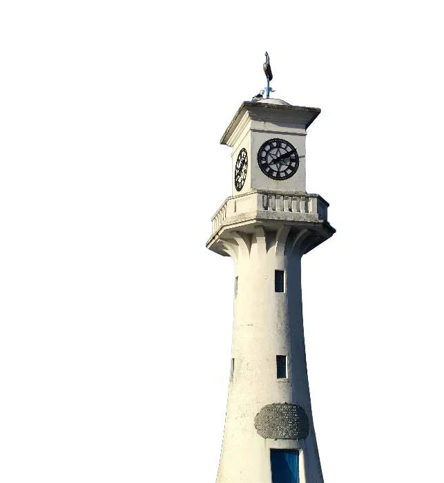 A cut-out photograph of a white clock tower.