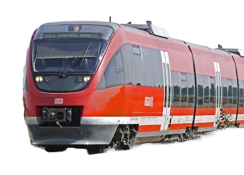 A red passenger train used as an illustration.