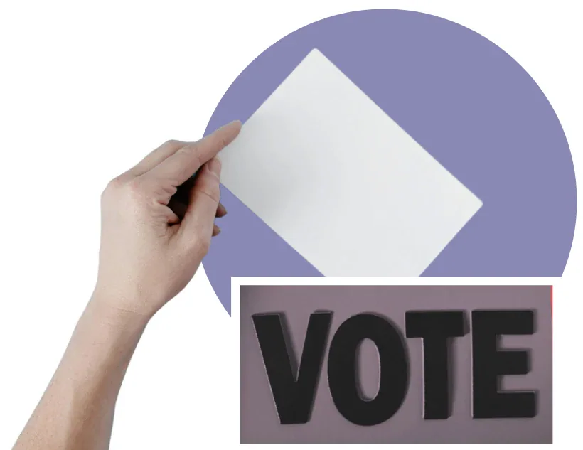A hand holds a blank ballot above a purple VOTE sign, against a lavender circular background.
