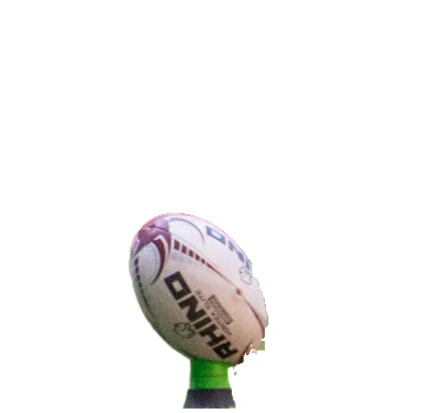 A rugby ball positioned on a kicking tee.