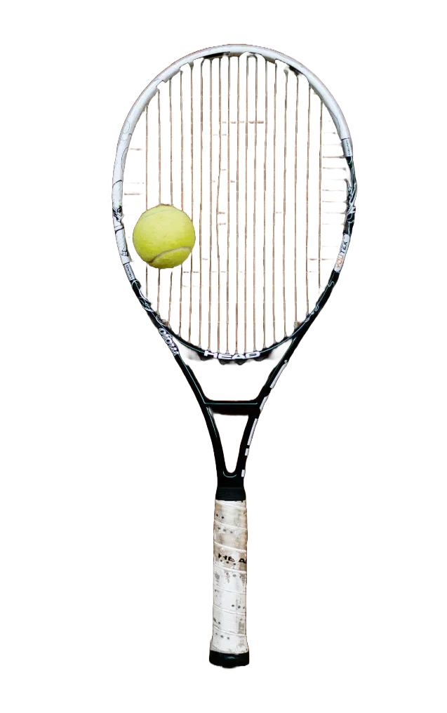 A tennis racket with a yellow tennis ball against its strings.