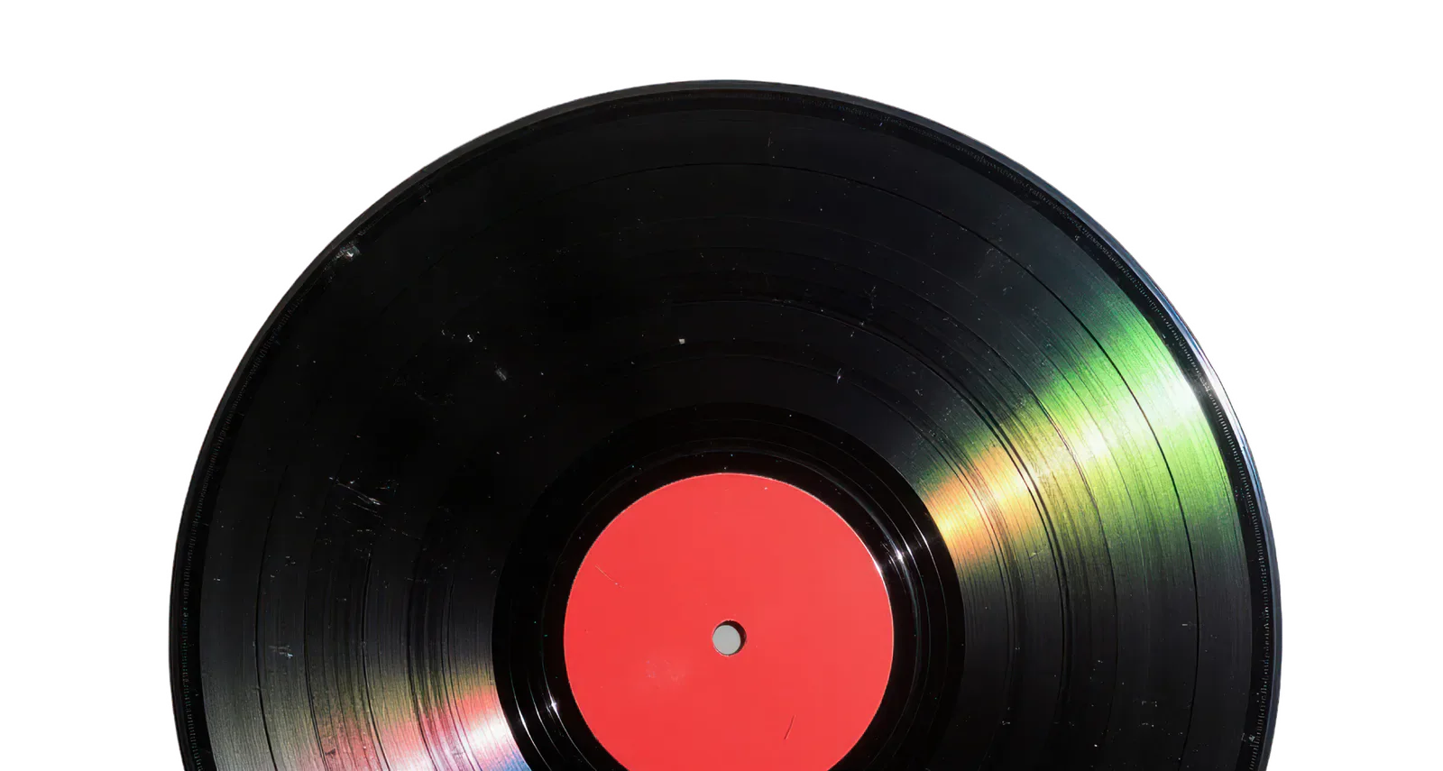 Black vinyl record with a red centre label
