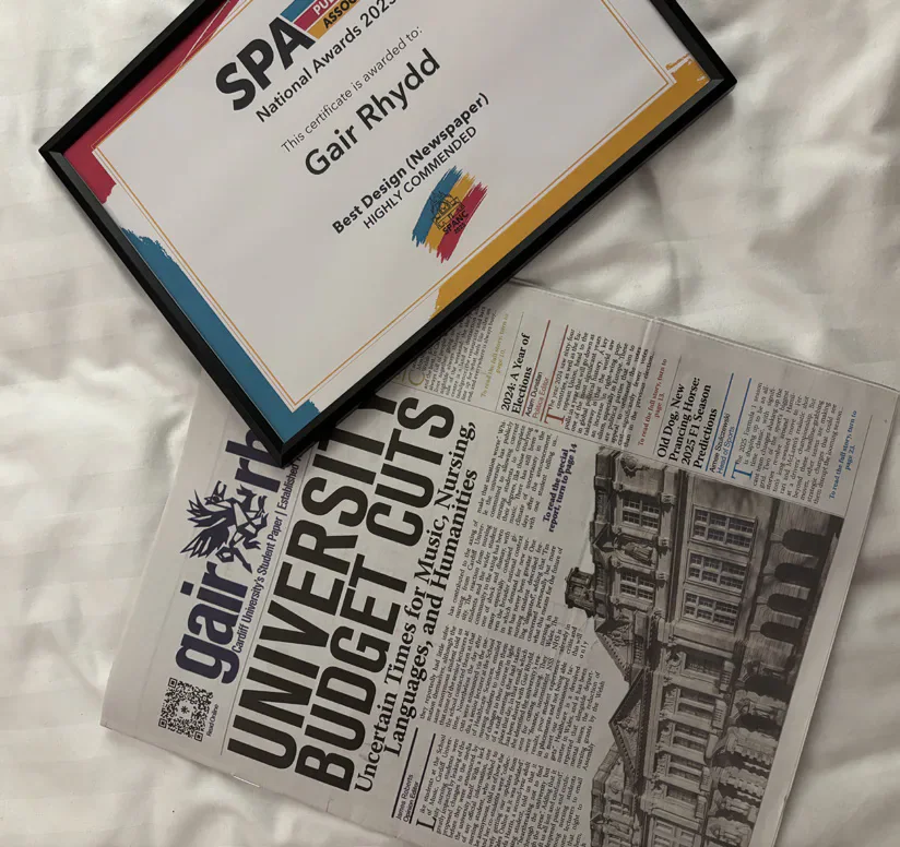 Gair Rhydd newspaper and highly commended design certificate