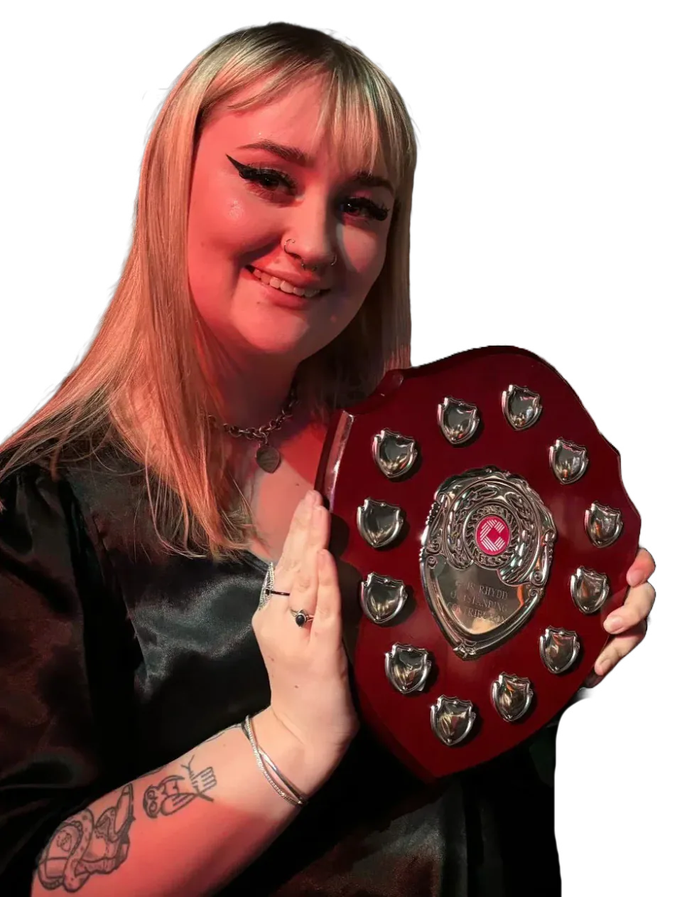Ella Lane holding Gair Rhydd’s Outstanding Contribution shield