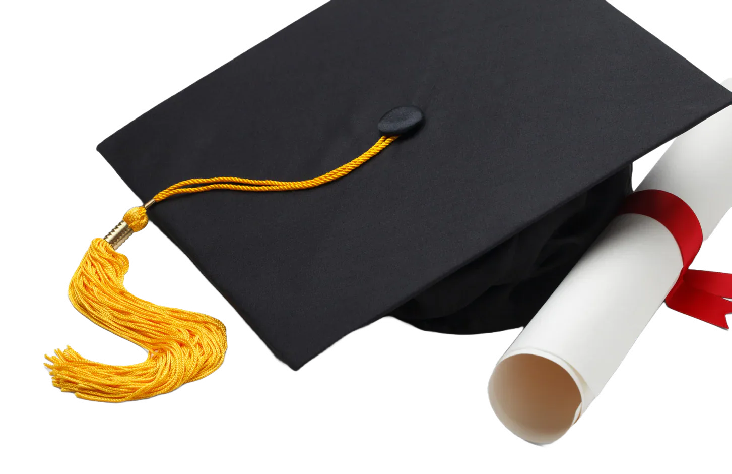 Graduation cap and rolled diploma