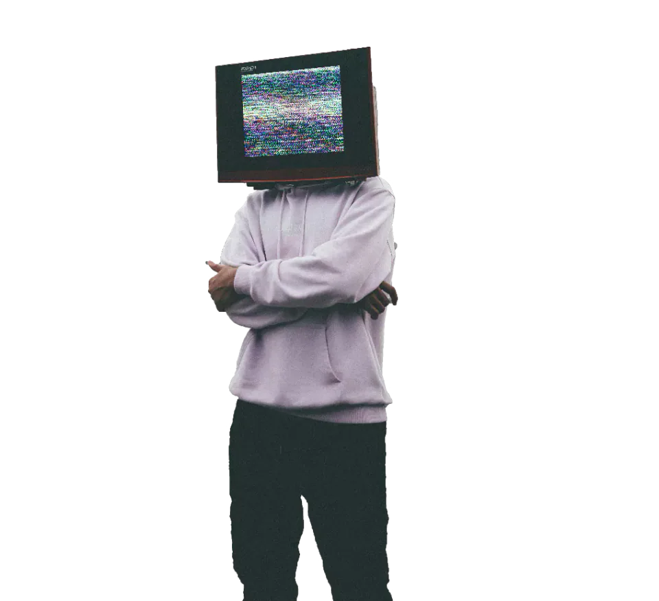 Person wearing a television set over their head