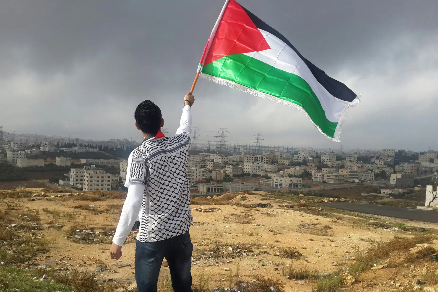 A person holding a Palestinian flag over a city