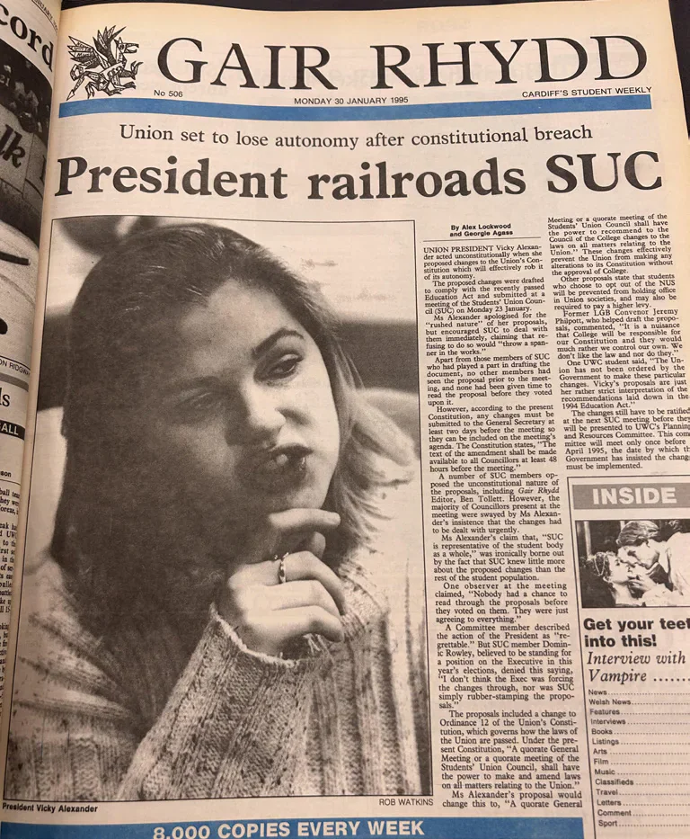 Historic Gair Rhydd front page featuring Victoria Alexander