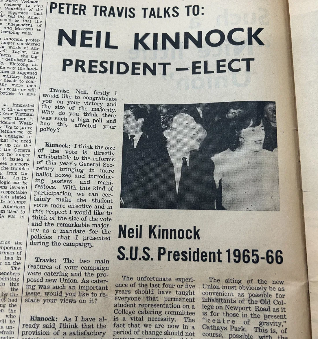 A historical Gair Rhydd page headed “Peter Travis talks to: Neil Kinnock President-Elect”.