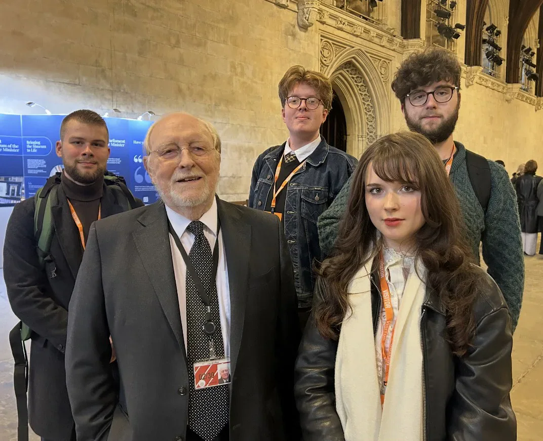 Neil Kinnock with members of the Gair Rhydd editorial team.