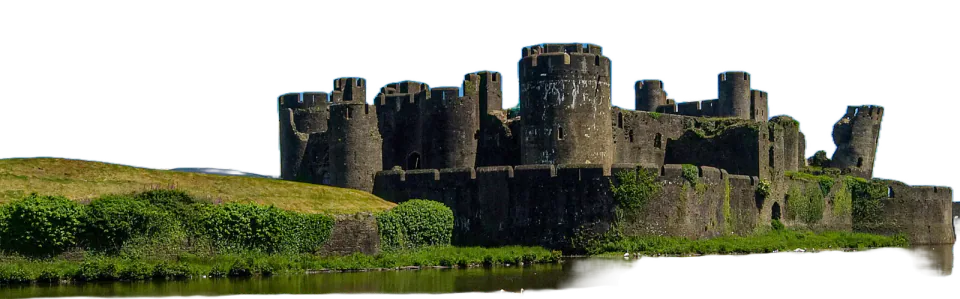 Caerphilly Castle beside its moat.