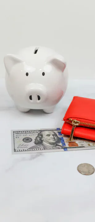 A piggy bank, US banknote, coin and red purse.