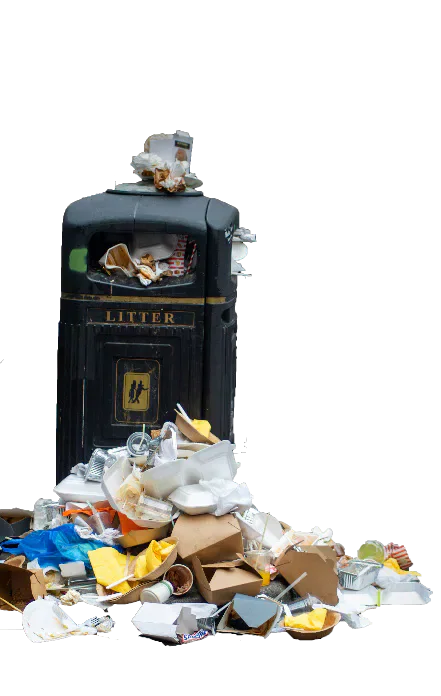 An overflowing public litter bin surrounded by discarded rubbish.