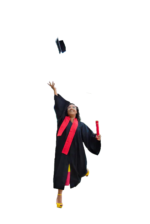 A graduate in academic dress throwing a mortarboard into the air.