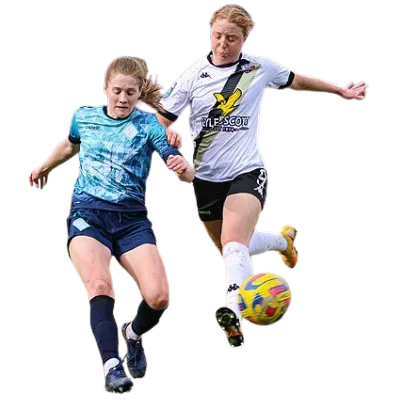 Two women footballers competing for the ball.