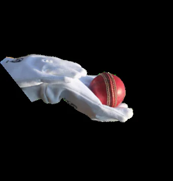 White cricket glove holding a red cricket ball.