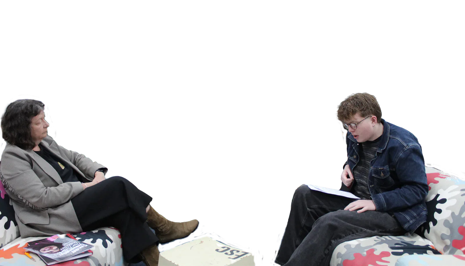 Wendy Larner and interviewer seated during the interview