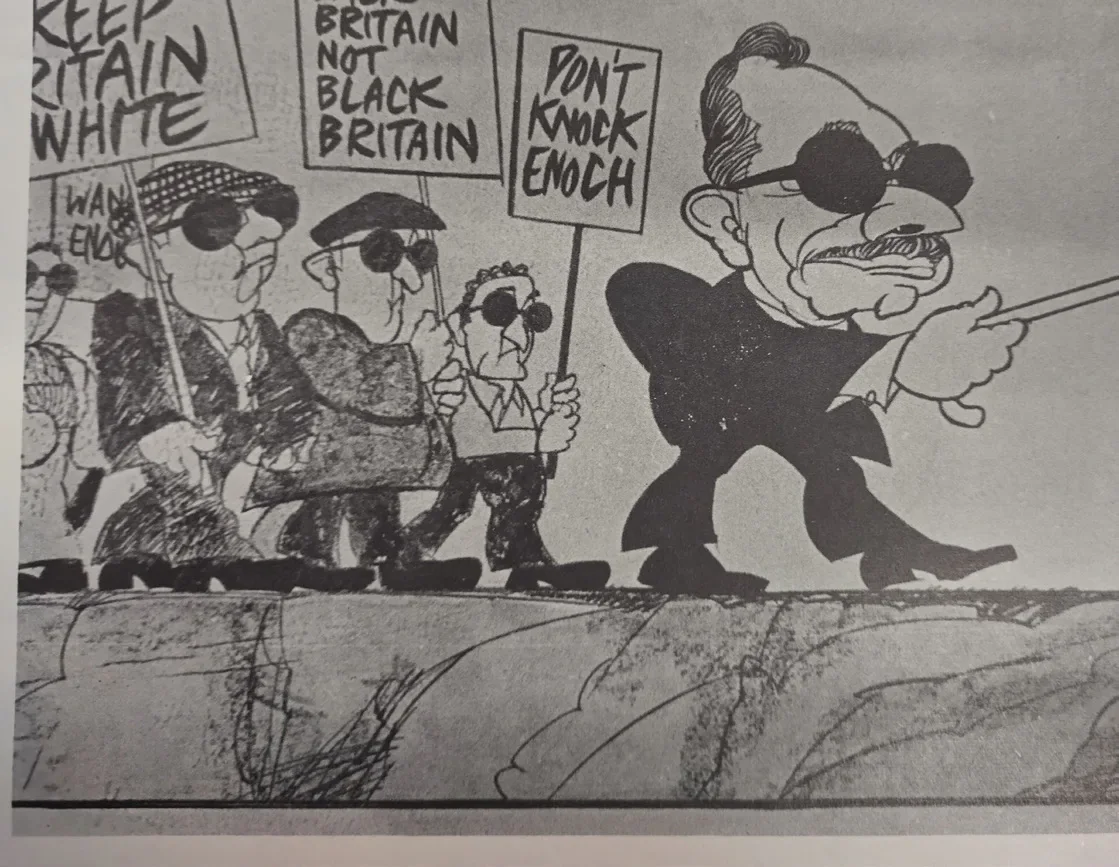 Historic Broadsheet newspaper page about Enoch Powell’s Cardiff visit