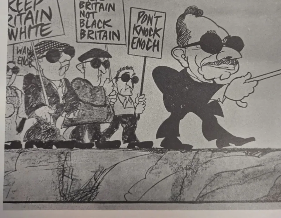 Historic Broadsheet newspaper page about Enoch Powell’s Cardiff visit