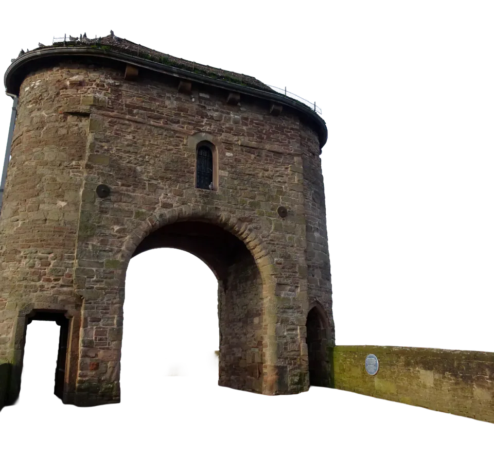 The medieval gatehouse on Monnow Bridge in Monmouth
