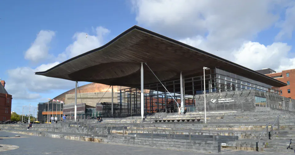 Senedd Cymru building in Cardiff Bay.