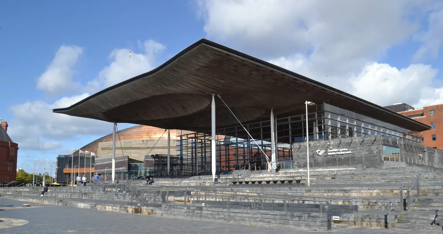 Senedd Cymru building in Cardiff Bay.