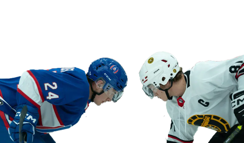 Two ice hockey players facing one another before play.
