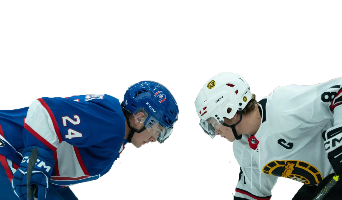 Two ice hockey players facing one another before play.