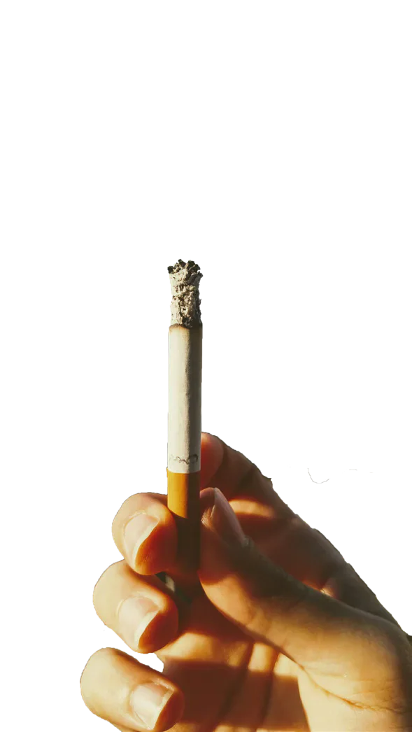 A hand holding a lit cigarette.