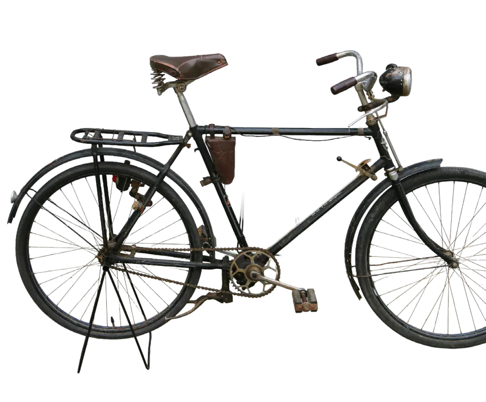 Black vintage bicycle shown in profile.