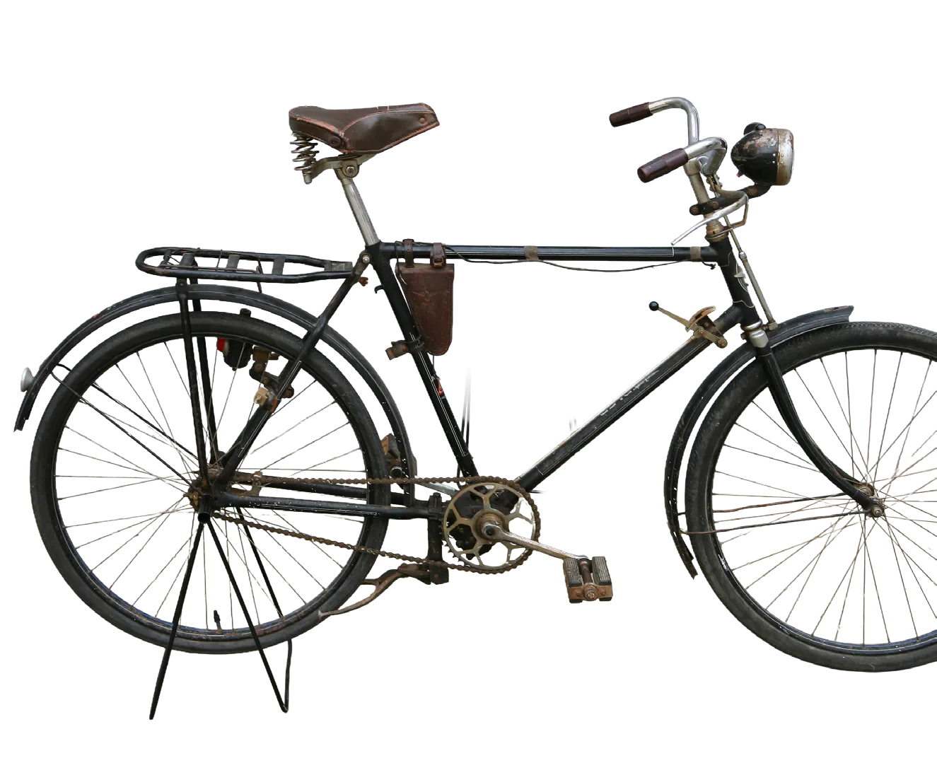 Black vintage bicycle shown in profile.