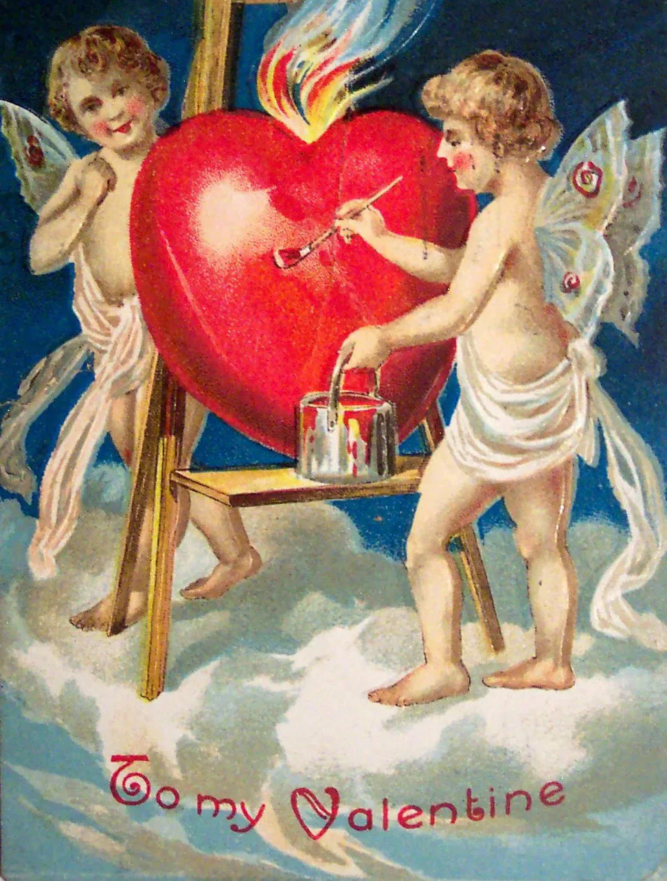 Vintage Valentine card with two cherubs painting a heart