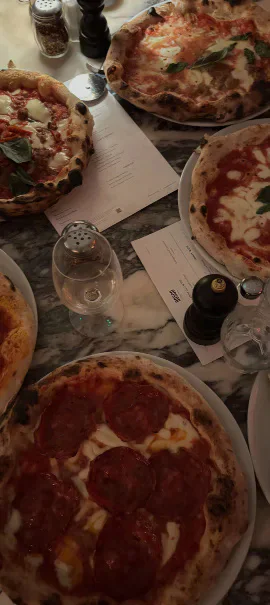 Several pizzas on a restaurant table