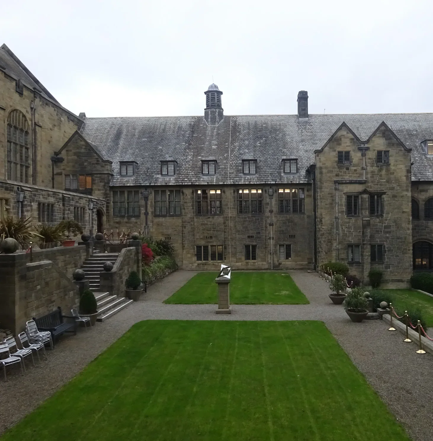 Stone courtyard and lawn at Bangor University