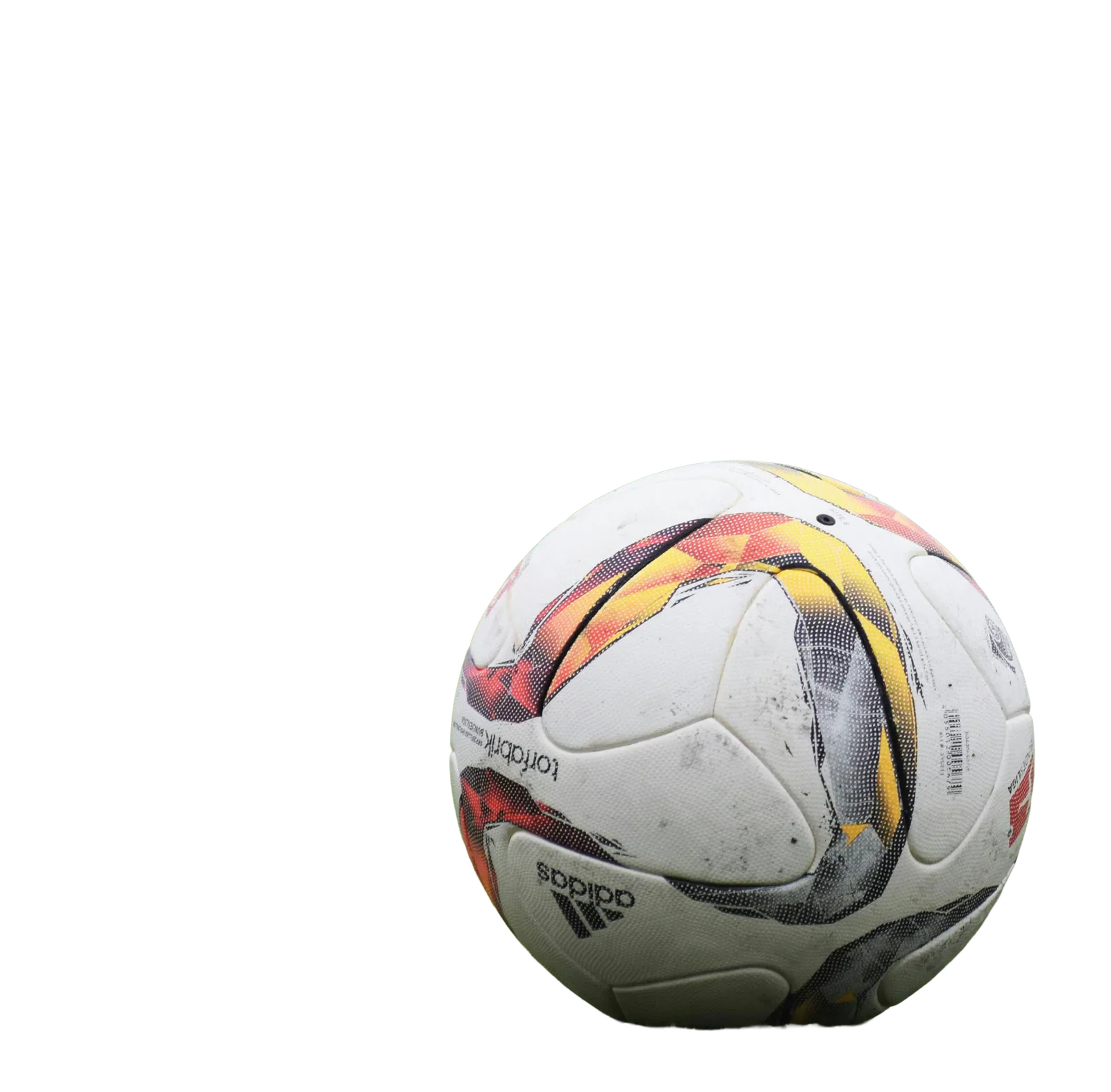 White Adidas football with black, yellow and red patterned panels.