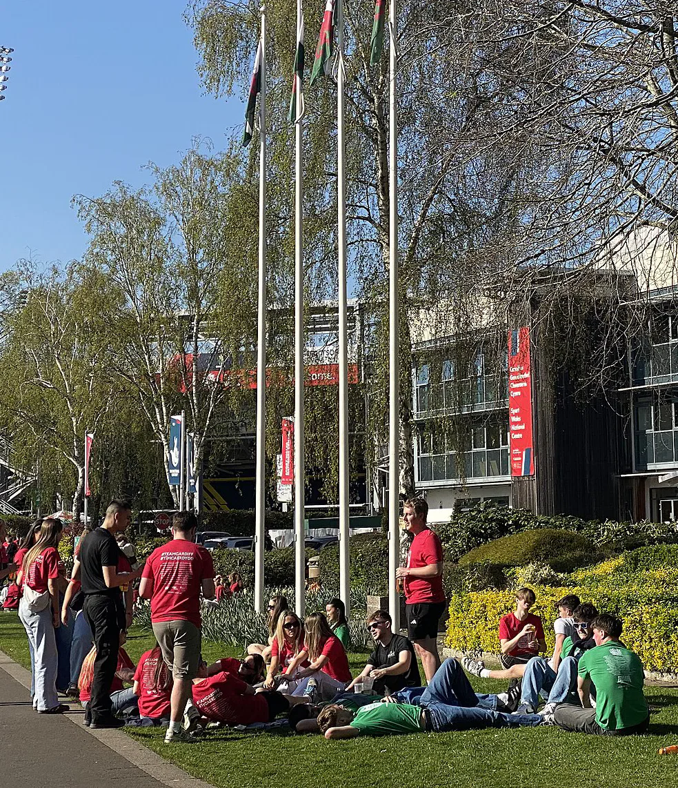 Students gathered outside Cardiff University buildings